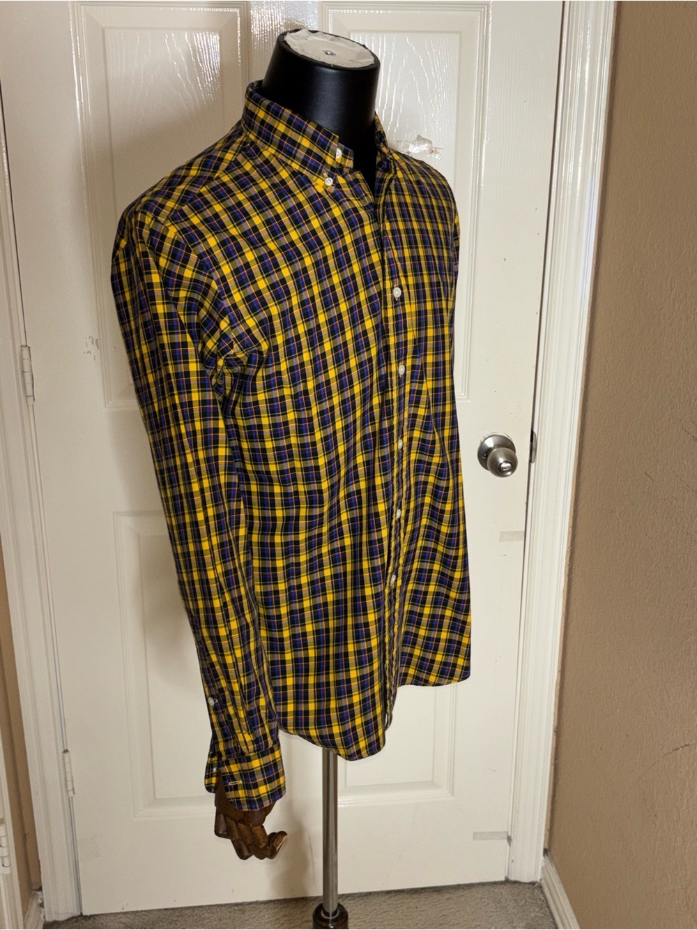 Ralph Lauren Shirt Men M Long Sleeve Custom Fit Yellow Blue Plaid Cotton Pony - Picture 5 of 8